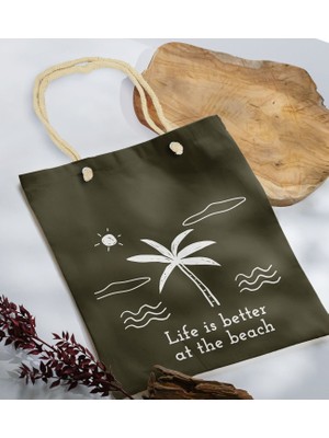 Bk Gift Yaz Temalı Haki Halat Saplı Kumaş Plaj Çantası -23 Baskılı Omuz Çantası