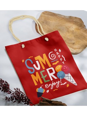 Bk Gift Yaz Temalı Kırmızı Halat Saplı Kumaş Plaj Çantası -12 Baskılı Omuz Çantası