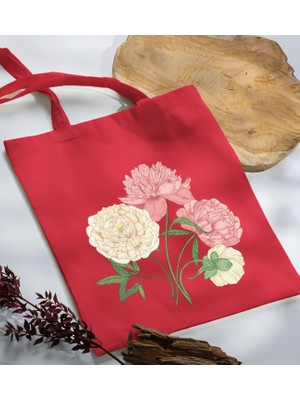 Bk Gift Çiçek Tasarımlı-7 Kırmızı Kumaş Bez Çanta Baskılı Omuz Çantası