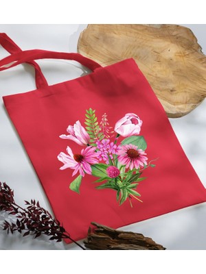 Bk Gift Çiçek Tasarımlı-6 Kırmızı Kumaş Bez Çanta Baskılı Omuz Çantası