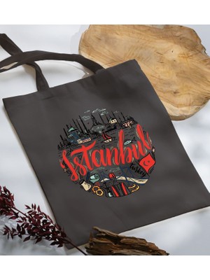 Bk Gift Istanbul Tasarımlı-1 Antrasit Kumaş Bez Çanta