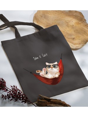 Bk Gift Kedi Tasarımlı-1 Antrasit Kumaş Bez Çanta
