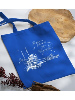 Bk Gift Istanbul Tasarımlı-2 Mavi Kumaş Bez Çanta Baskılı Omuz Çantası