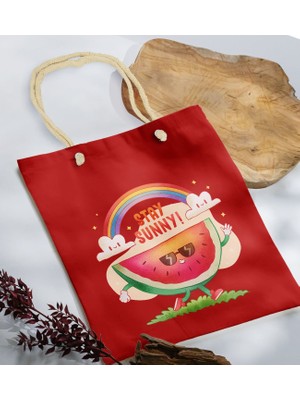 Bk Gift Yaz Temalı Kırmızı Halat Saplı Kumaş Plaj Çantası -18 Baskılı Omuz Çantası