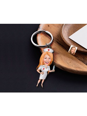 Bk Gift Kişiye Özel Hemşire Karikatürlü Ahşap Anahtarlık-2 Sevgiliye Hediye, Arkadaşa Hediye, Doğum Günü Hediyesi