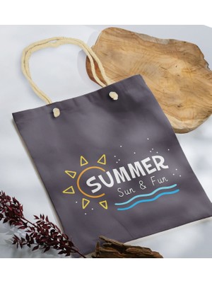 Bk Gift Yaz Temalı Antrasit Halat Saplı Kumaş Plaj Çantası -9 Baskılı Omuz Çantası