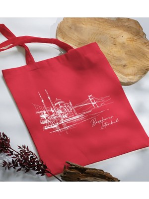 Bk Gift Istanbul Tasarımlı-5 Kırmızı Kumaş Bez Çanta Baskılı Omuz Çantası