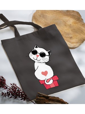 Bk Gift Kedi Tasarımlı-6 Antrasit Kumaş Bez Çanta