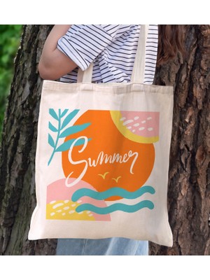 Bk Gift Yaz Temalı Kanvas Bez Plaj Çantası -15  Baskılı Omuz Çantası