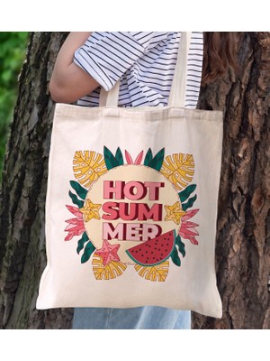 Bk Gift Yaz Temalı Kanvas Bez Plaj Çantası -16  Baskılı Omuz Çantası