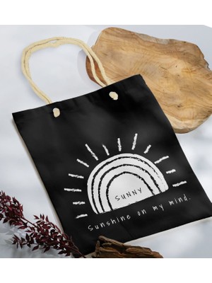 Bk Gift Yaz Temalı Siyah Halat Saplı Kumaş Plaj Çantası -24 Baskılı Omuz Çantası