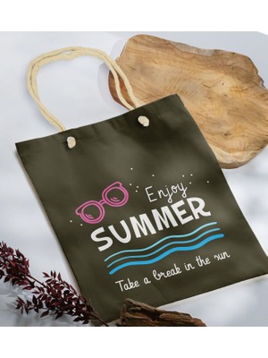 Bk Gift Yaz Temalı Haki Halat Saplı Kumaş Plaj Çantası -8 Baskılı Omuz Çantası