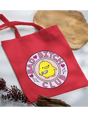 Bk Gift Bad Bitch Club Tasarımlı-1 Kırmızı Kumaş Bez Çanta Baskılı Omuz Çantası