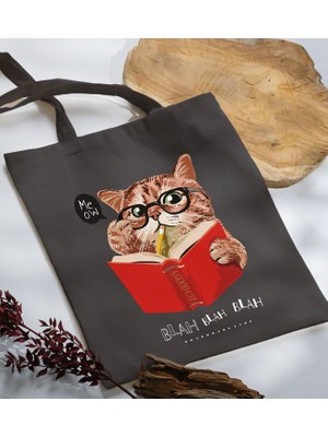 Bk Gift Kedi Tasarımlı-5 Antrasit Kumaş Bez Çanta