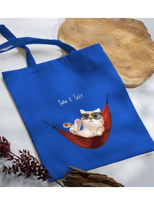 Bk Gift Kedi Tasarımlı-2 Mavi Kumaş Bez Çanta Baskılı Omuz Çantası