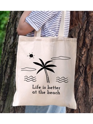 Bk Gift Yaz Temalı Kanvas Bez Plaj Çantası -23  Baskılı Omuz Çantası