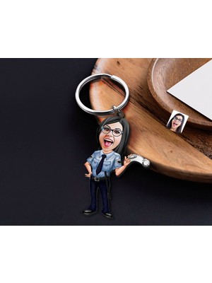 Bk Gift Kişiye Özel Polis Karikatürlü Ahşap Anahtarlık-3 Sevgiliye Hediye, Arkadaşa Hediye, Doğum Günü Hediyesi
