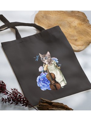 Bk Gift Kedi Tasarımlı-3 Antrasit Kumaş Bez Çanta