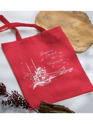 Bk Gift Istanbul Tasarımlı-2 Kırmızı Kumaş Bez Çanta Baskılı Omuz Çantası