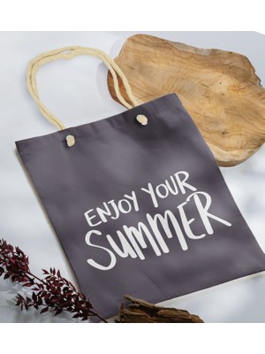 Bk Gift Yaz Temalı Antrasit Halat Saplı Kumaş Plaj Çantası -6 Baskılı Omuz Çantası