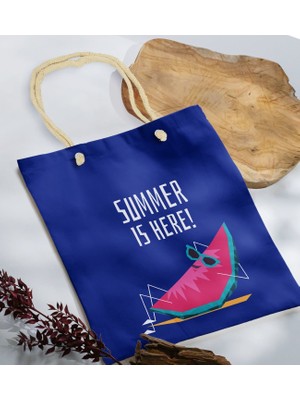 Bk Gift Yaz Temalı Saks Mavi Halat Saplı Kumaş Plaj Çantası -10 Baskılı Omuz Çantası