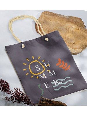 Bk Gift Yaz Temalı Antrasit Halat Saplı Kumaş Plaj Çantası -20 Baskılı Omuz Çantası