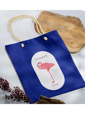 Bk Gift Yaz Temalı Saks Mavi Halat Saplı Kumaş Plaj Çantası -17 Baskılı Omuz Çantası