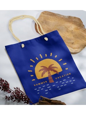 Bk Gift Yaz Temalı Saks Mavi Halat Saplı Kumaş Plaj Çantası -21 Baskılı Omuz Çantası