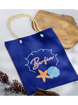 Bk Gift Yaz Temalı Isimli Saks Mavi Halat Saplı Kumaş Plaj Çantası -3 Baskılı Omuz Çantası