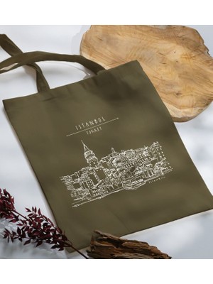 Bk Gift Istanbul Tasarımlı-4 Haki Kumaş Bez Çanta Baskılı Omuz Çantası