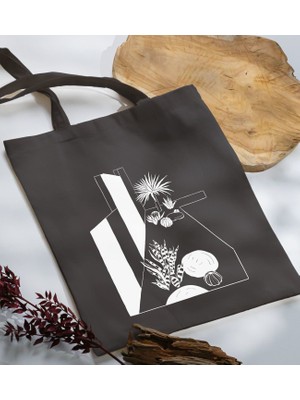 Bk Gift Modern Art Tasarımlı-3 Antrasit Kumaş Bez Çanta