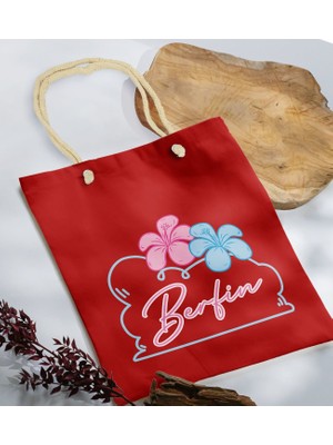 Bk Gift Yaz Temalı Isimli Kırmızı Halat Saplı Kumaş Plaj Çantası -4 Baskılı Omuz Çantası