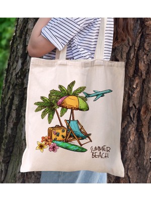 Bk Gift Yaz Temalı Kanvas Bez Plaj Çantası -3  Baskılı Omuz Çantası