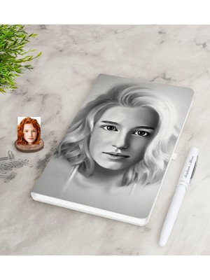 BK Kişiye Özel Kadın Karakalem Sanatsal Portre Tasarımlı Beyaz Defter ve Kalem Hediye Seti-2