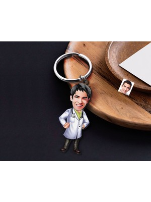 Bk Gift Kişiye Özel Doktor Karikatürlü Ahşap Anahtarlık-3 Sevgiliye Hediye, Arkadaşa Hediye, Doğum Günü Hediyesi
