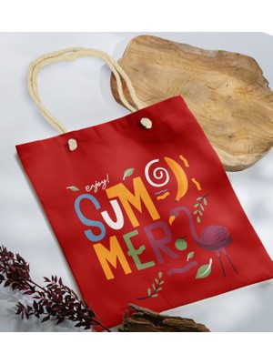 Bk Gift Yaz Temalı Kırmızı Halat Saplı Kumaş Plaj Çantası -13 Baskılı Omuz Çantası