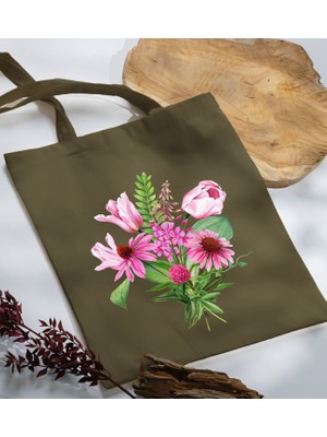 Bk Gift Çiçek Tasarımlı-6 Haki Kumaş Bez Çanta Baskılı Omuz Çantası