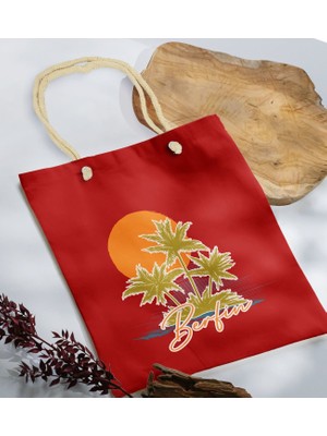 Bk Gift Yaz Temalı Isimli Kırmızı Halat Saplı Kumaş Plaj Çantası -2 Baskılı Omuz Çantası