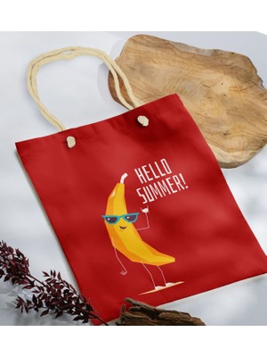 Bk Gift Yaz Temalı Kırmızı Halat Saplı Kumaş Plaj Çantası -11 Baskılı Omuz Çantası
