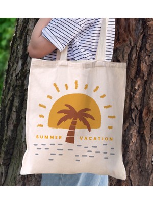 Bk Gift Yaz Temalı Kanvas Bez Plaj Çantası -21  Baskılı Omuz Çantası
