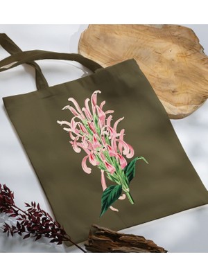 Bk Gift Çiçek Tasarımlı-8 Haki Kumaş Bez Çanta Baskılı Omuz Çantası