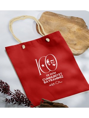 Bk Gift 100. Yıl Hatırası Kırmızı Halat Saplı Kumaş Bez Çanta - 3 29 Ekim