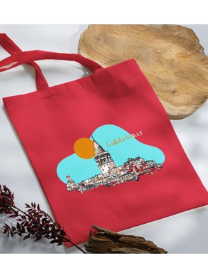 Bk Gift Istanbul Tasarımlı-7 Kırmızı Kumaş Bez Çanta Baskılı Omuz Çantası