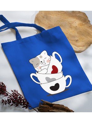 Bk Gift Kedi Tasarımlı-10 Mavi Kumaş Bez Çanta Baskılı Omuz Çantası