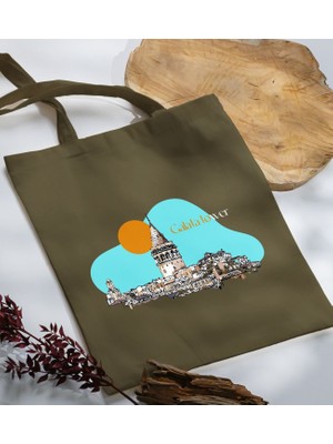 Bk Gift Istanbul Tasarımlı-7 Haki Kumaş Bez Çanta Baskılı Omuz Çantası