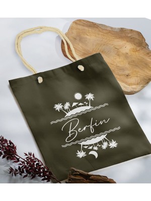Bk Gift Yaz Temalı Isimli Haki Halat Saplı Kumaş Plaj Çantası -1 Baskılı Omuz Çantası