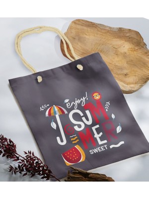 Bk Gift Yaz Temalı Antrasit Halat Saplı Kumaş Plaj Çantası -14 Baskılı Omuz Çantası