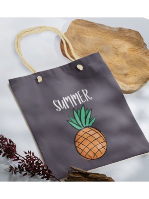 Bk Gift Yaz Temalı Antrasit Halat Saplı Kumaş Plaj Çantası -4 Baskılı Omuz Çantası