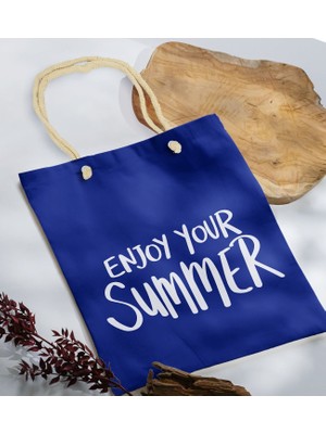 Bk Gift Yaz Temalı Saks Mavi Halat Saplı Kumaş Plaj Çantası -6 Baskılı Omuz Çantası