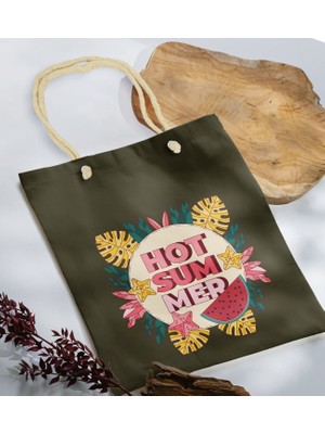 Bk Gift Yaz Temalı Haki Halat Saplı Kumaş Plaj Çantası -16 Baskılı Omuz Çantası